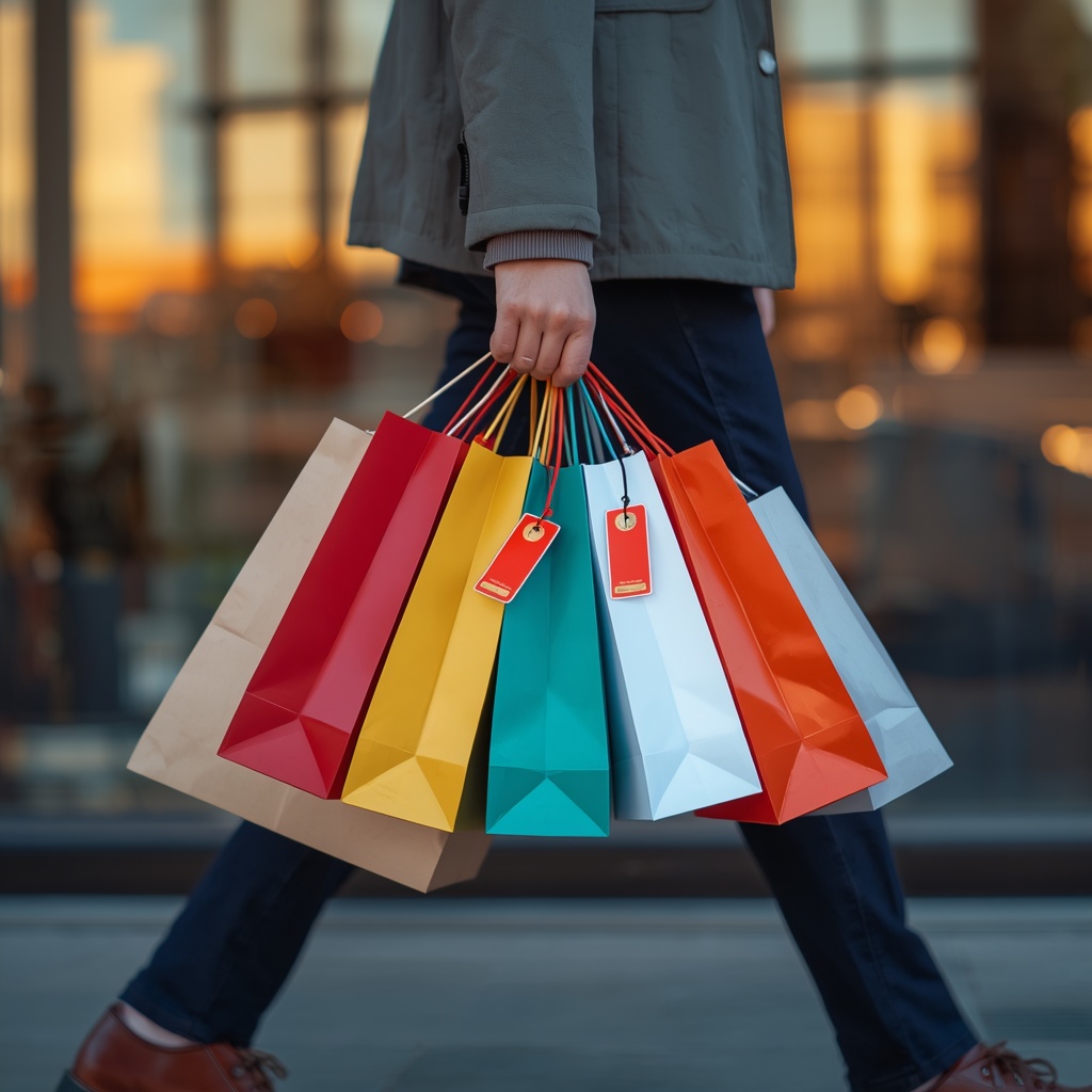 A shopper carrying multiple shopping bags with sale tags visible, walking near a storefront with warm sunset lighting