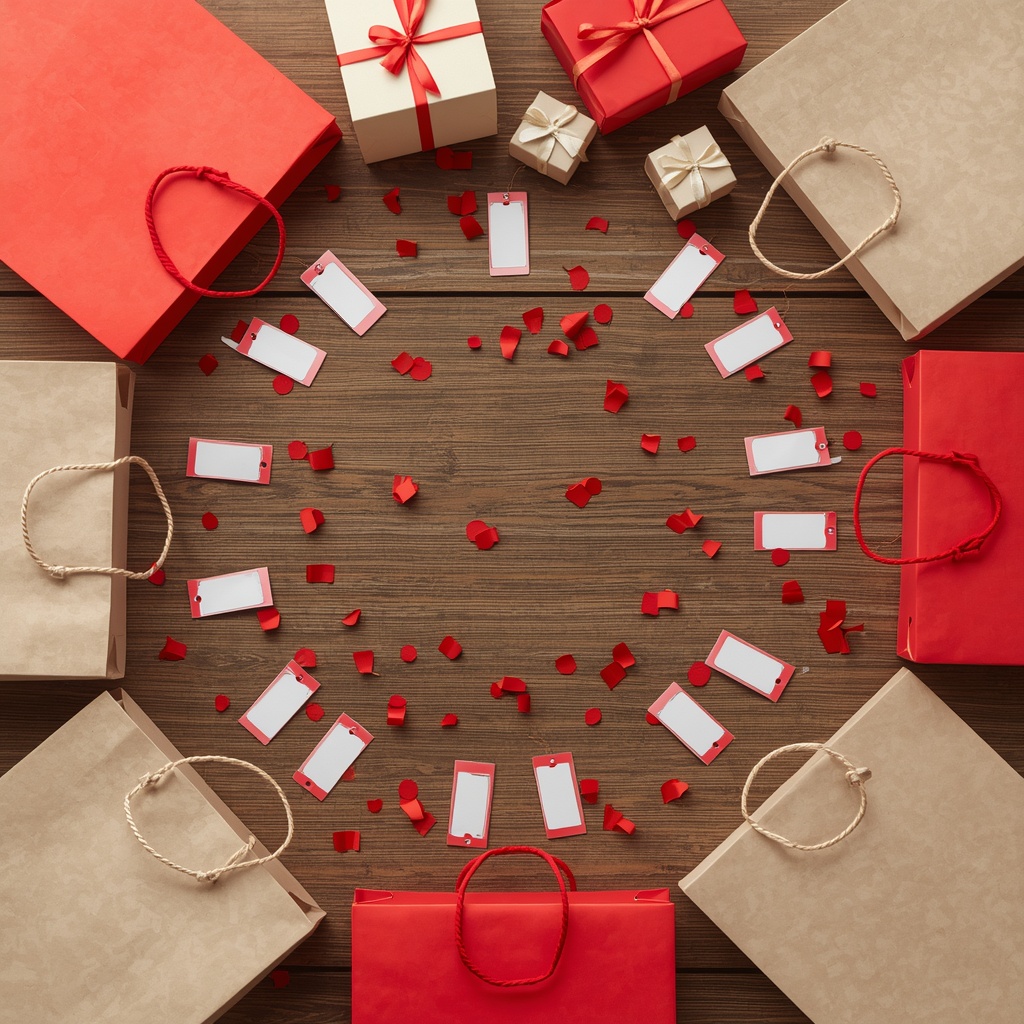 A flat lay of shopping bags, discount tags, and gift boxes arranged on a wooden table with festive red confetti